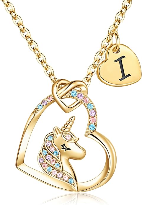 Hidepoo Unicorn Necklace Gifts for Girls Daughter - Colorful CZ Heart Pendant Initial Unicorn Necklaces for Girl Teens Little Girls Jewelry Birthday Gift