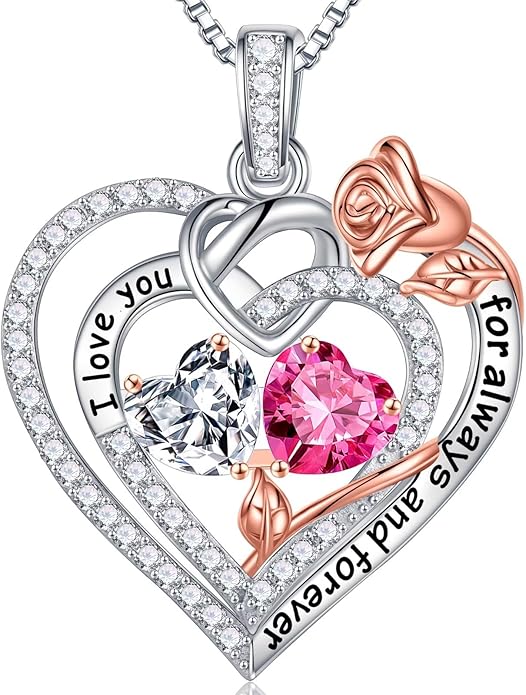 Iefil Rose Heart Necklace Gifts for Wife Women - 925 Sterling Silver Double Birthstone Necklace, Anniversary Birthday Gifts for Women, Jewelry Gift for Wife Girlfriend Mom Her