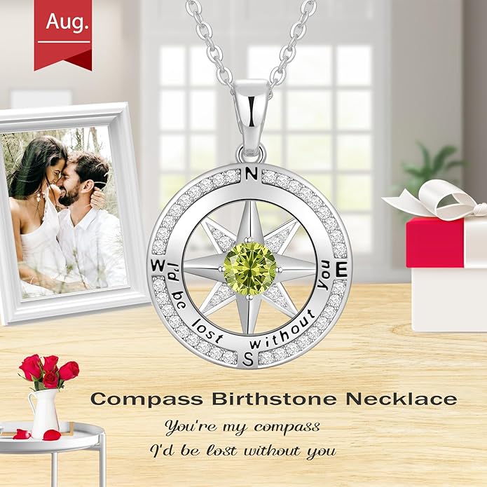 Peeshow Gifts for Women Wife-Compass Birthstone Necklace Gift for Wife Birthday Wedding Anniversary Women Jewelry for Her Girlfriend S925 Sterling Silver