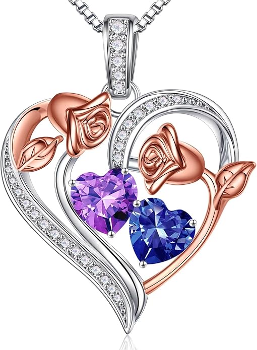 Iefil Birthstone Necklace for Women - 925 Sterling Silver Rose Heart Necklace, Birthstone Jewelry, Anniversary Birthday Gifts for Wife Girlfriend Mom Daughter