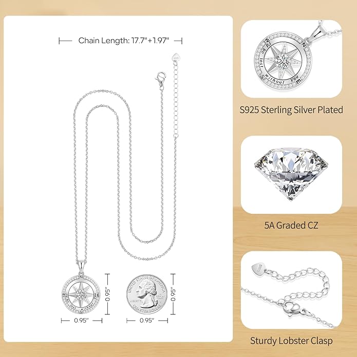 Peeshow Gifts for Women Wife-Compass Birthstone Necklace Gift for Wife Birthday Wedding Anniversary Women Jewelry for Her Girlfriend S925 Sterling Silver