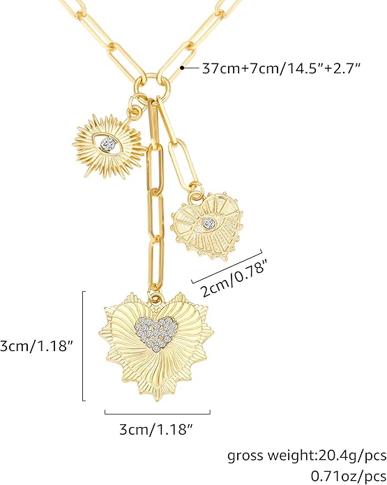 Charm Necklace for Women Gold Evil Eye Sun Moon Flower Coin Pendant Necklace Dainty Paperclip Chain Vintage Luck Amulet Choker Necklaces Celestial Jewelry Gift
