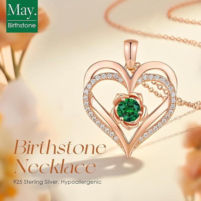 CDE S925 Silver Rose Gold Heart Birthstone Necklaces for Women，Ideal Anniversary or Birthday Jewelry Gifts for Wife Girlfriend Her