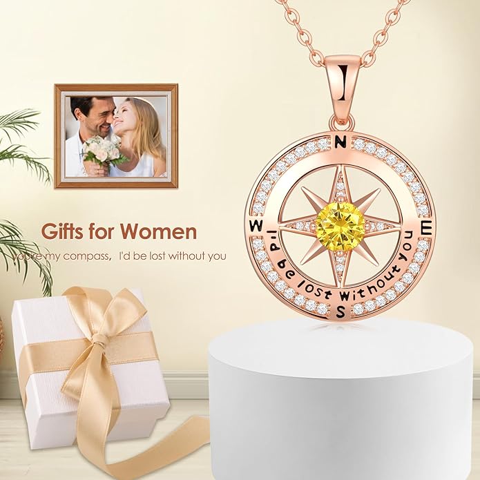 Compass Necklace Gifts for Women wife - S925 Sterling Silver Birthstone Necklaces for Women - Anniversary Birthday Gifts for Her Wife Girlfriend - Valentines Mom Mothers Day Christmas Gifts Jewelry for Women
