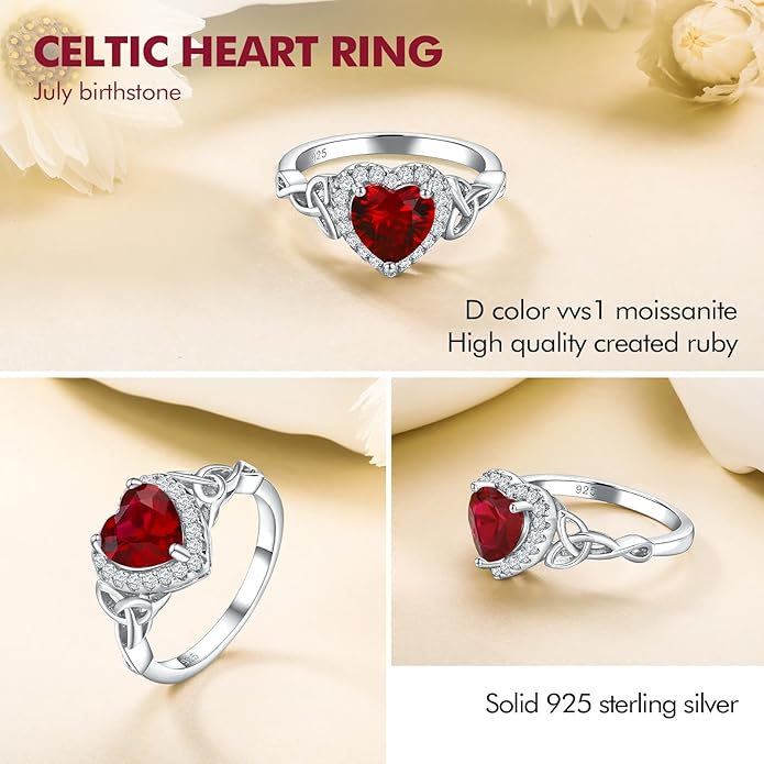 DAYBYDAY Celtic Birthstone Rings for Women 925 Sterling Silver Heart/Round/Pear/Oval Created Gemstone Moissanite Halo Engagement Promise Rings for Her Wife Birthday Anniversary Wedding Jewelry