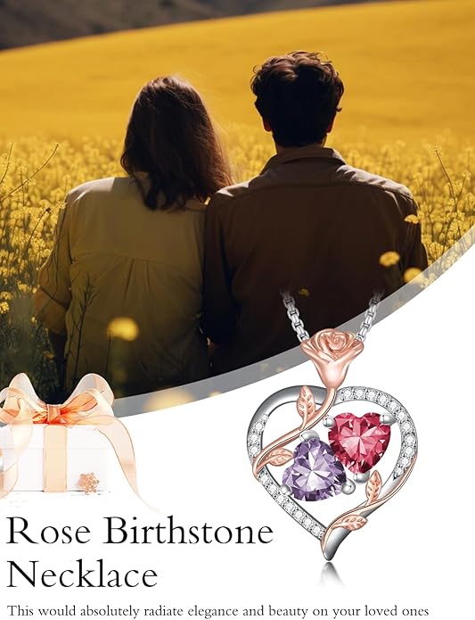 Jewelry for Her Double Heart Rose Birthstone Pendant Necklace Anniversary Jewelry Christmas Birthday Gifts for Women Wife Girlfriend