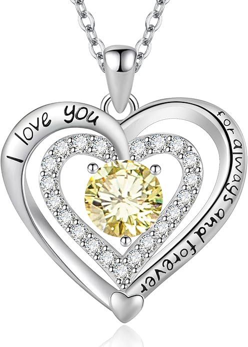 Heart Necklace, I Love You Always & Forever, Birthstone Cubic Zirconia Pendant, Gift for Women