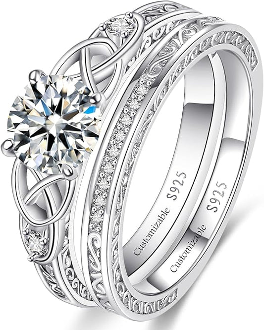 Vintage Celtic Knot Women's Engagement Ring Sets 925 Sterling Silver/14K Gold Plated Stackable Wedding Bands Rings AAAAA Cubic Zirconia Women Bridal Sets Wedding Ring Band Width 1.8mm Size 5-9