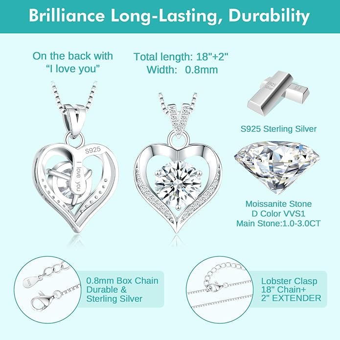 Moissanite Heart Necklace for Women, Engraved 'I Love You', 925 Sterling Silver, 1-3 Carat D Color VVS1 Synthetic Diamond Heart Pendant, Birthday Anniversary Wedding Gift for Wife Girlfriend Mom