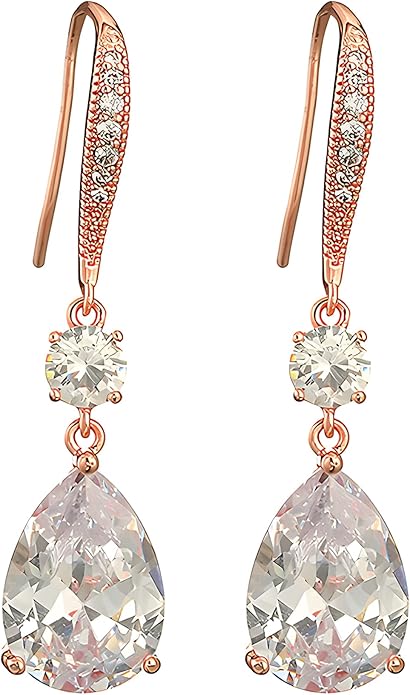 Drop Dangle Earrings for Women, Pear Cut Cubic Zirconia Long Teardrop Wedding Bridal Earrings, Silver Rose Gold Plated Copper Brass Micro Inlay CZ Gorgeous Plain Simple Fine Jewelry Gifts Box