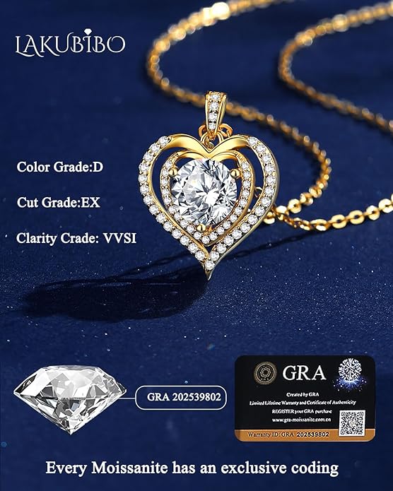 Moissanite Necklace for Women,1-2 Carat Heart Necklace Pendant Engraved with 'I LOVE YOU', 18K Gold Plated S925 Silver Jewelry Anniversary Birthday Gift for Girlfriend Wife Mom