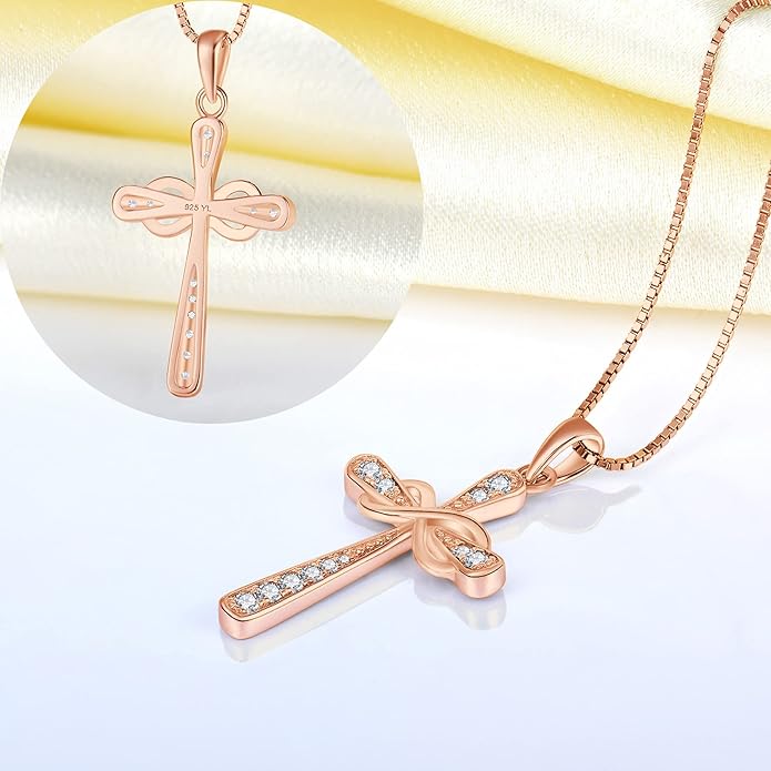 YL 925 Sterling Silver Cross Necklace for Women Halo Infinity Pendant Birthstone Jewelry for Mom