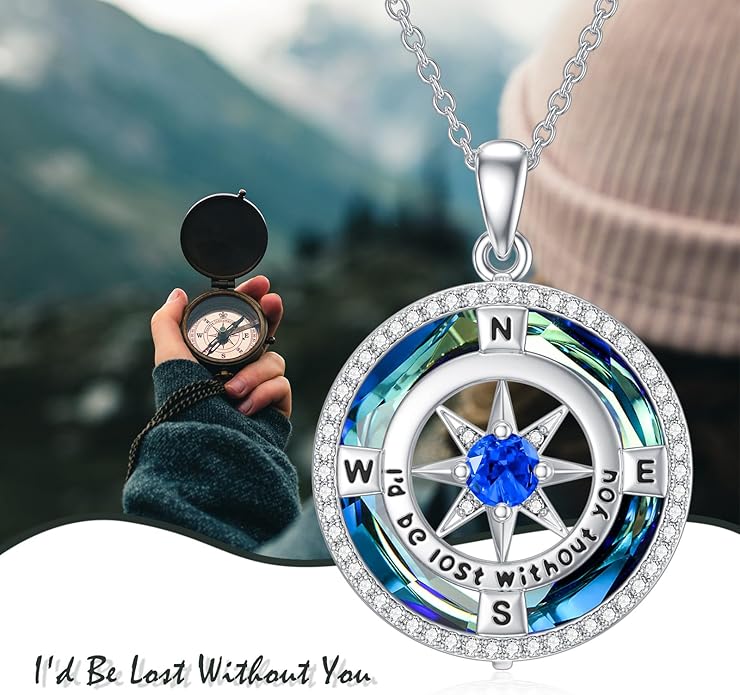 TOUPOP Compass Necklace for Women 925 Sterling Silver I'd be Lost without You Compass Pendant Birthstone Necklaces Anniversary Jewelry Birthday Gift for Girlfriend Wife Graduation Gifts for Her Daugthter