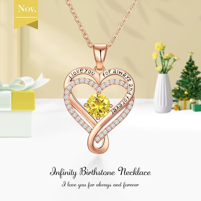 Infinity Heart Birthstone Necklace for Women Wife 18K Rose Gold Plated,Anniversary for Women Wife Her Birthday Gift for Girlfriend Mom Daughters, I Love You Women's Jewelry