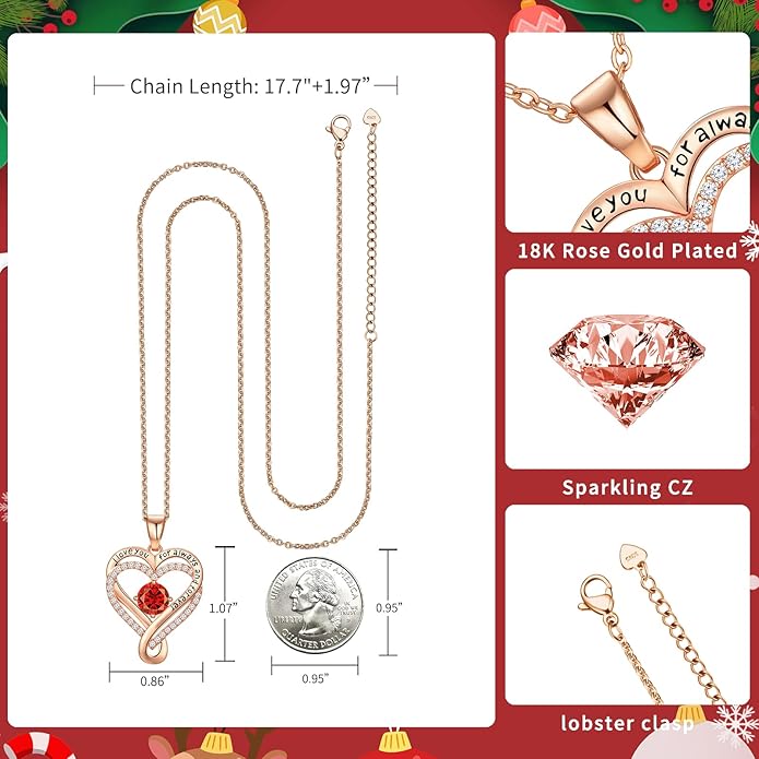 Infinity Heart Birthstone Necklace for Women Wife 18K Rose Gold Plated,Anniversary for Women Wife Her Birthday Gift for Girlfriend Mom Daughters, I Love You Women's Jewelry