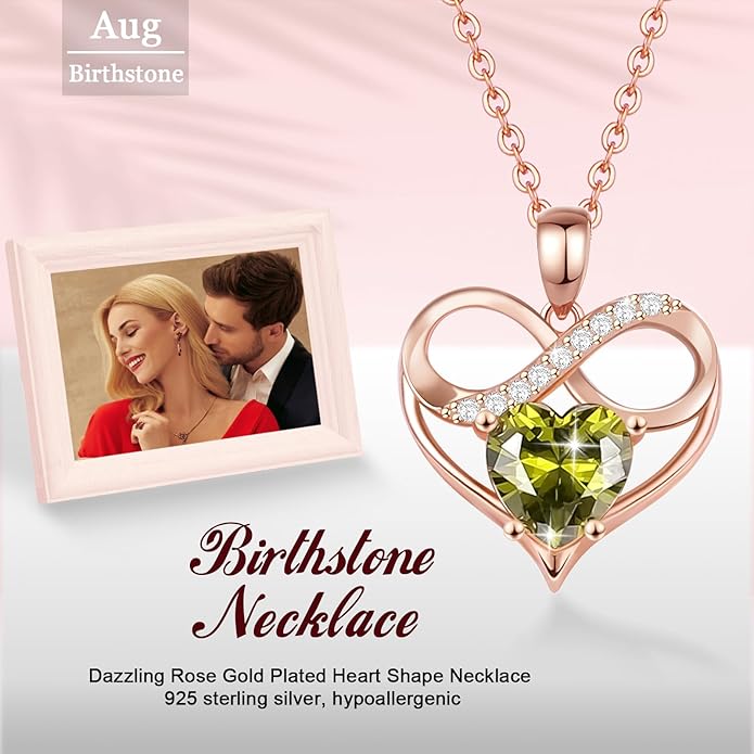 Rose Gold Birthstone Necklaces Heart Birthstone Pendant Necklaces For Women Valentine's Day Mother's Day Anniversary Christmas Gifts