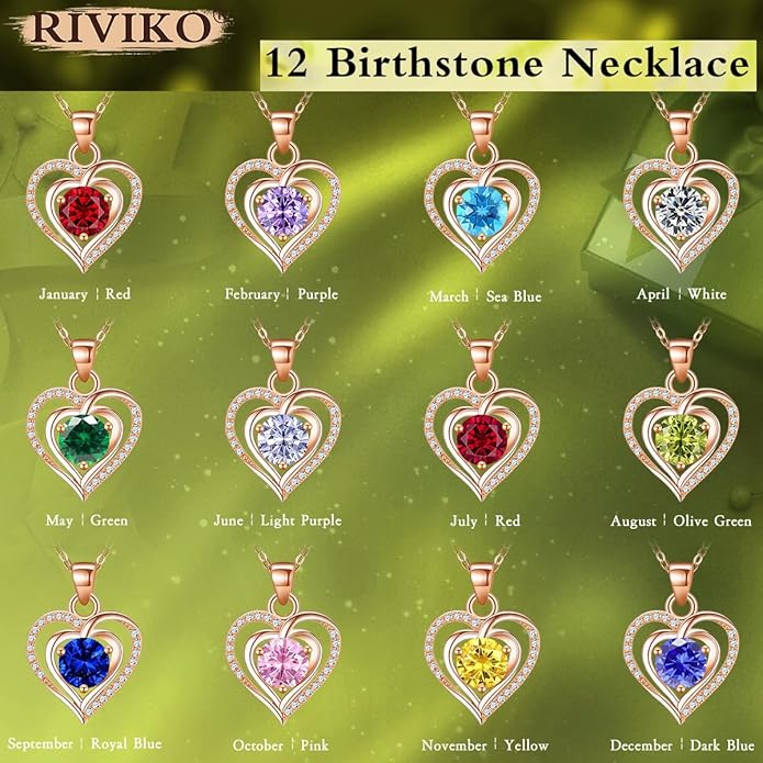 RIVIKO Heart Birthstone Pendant Necklace for Women 925 Sterling Silver Zirconia Necklaces Wedding Anniversary Birthday Mothers Day Jewelry Gifts For Her Mother Wife