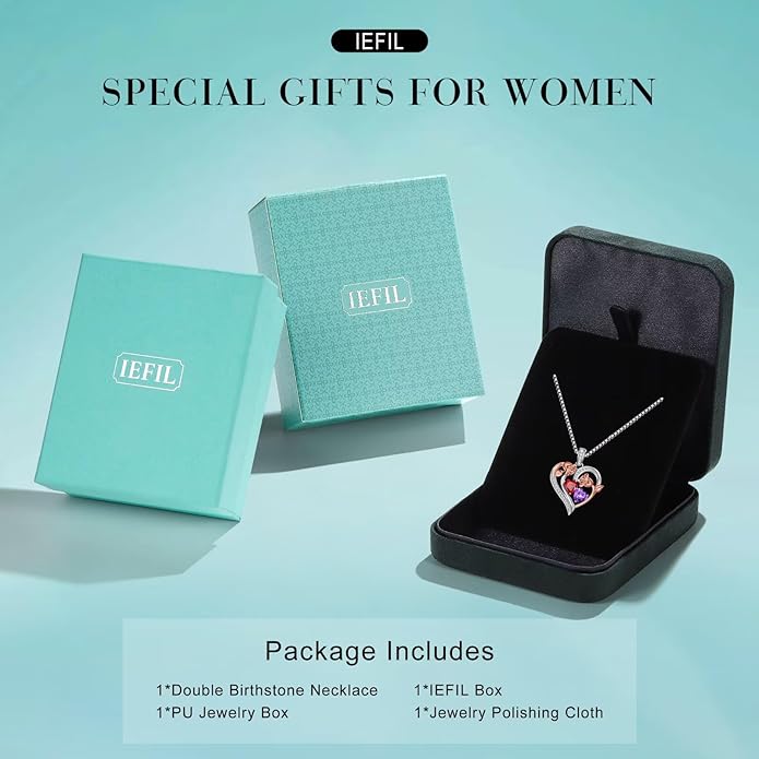 Iefil Birthstone Necklace for Women - 925 Sterling Silver Rose Heart Necklace, Birthstone Jewelry, Anniversary Birthday Gifts for Wife Girlfriend Mom Daughter