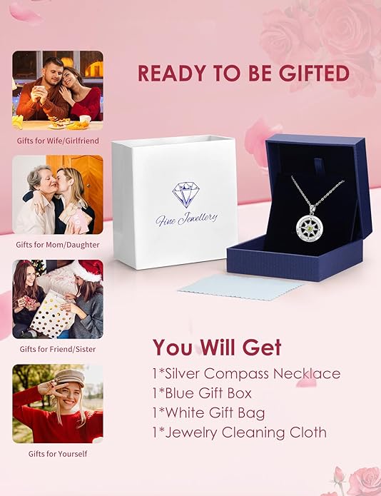Silver Compass Necklace for Women Birthday Gifts for Wife Anniversary Necklace for Women Rose Flower Birthstone Necklaces for Wife Jewelry for Womens Girlfriend Mom Daughter