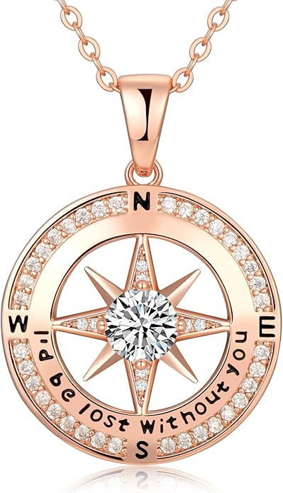 Compass Necklace Gifts for Women wife - S925 Sterling Silver Birthstone Necklaces for Women - Anniversary Birthday Gifts for Her Wife Girlfriend - Valentines Mom Mothers Day Christmas Gifts Jewelry for Women