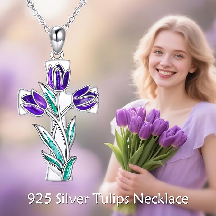 Flower Cross Necklace 925 Sterling Silver Carnation/Rose/Lily/Daisy Cross Necklace Birth Flower Jewelry for Women