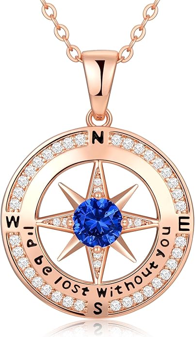 Compass Necklace Gifts for Women wife - S925 Sterling Silver Birthstone Necklaces for Women - Anniversary Birthday Gifts for Her Wife Girlfriend - Valentines Mom Mothers Day Christmas Gifts Jewelry for Women