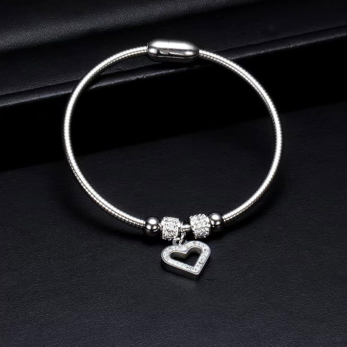 KunBead Heart Charm Birthday Bracelet Stainless Steel Love Bangle Cuff Jewelry Bracelets for Women