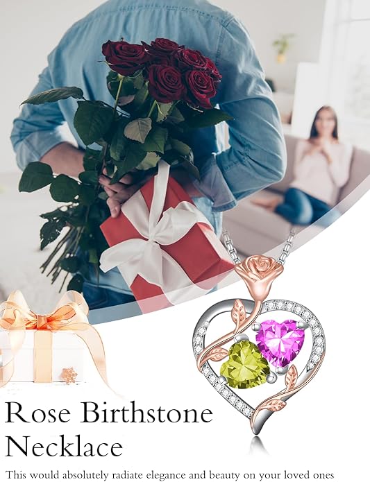 Jewelry for Her Double Heart Rose Birthstone Pendant Necklace Anniversary Jewelry Christmas Birthday Gifts for Women Wife Girlfriend