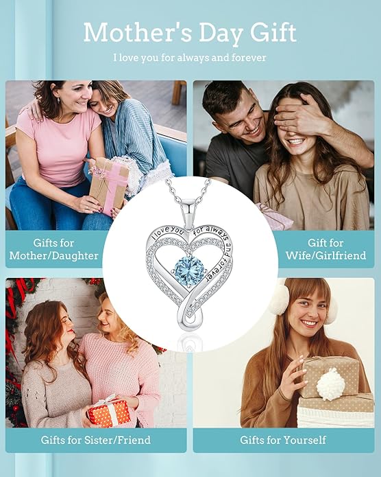 Jewelry for Women Wife Infinity Heart Birthstone I Love You Necklace S925 Anniversary Women Necklaces for Her Wife Birthday Gift Ideas, Birthday Present for Girlfriend Mom Daughter Sterling Silver