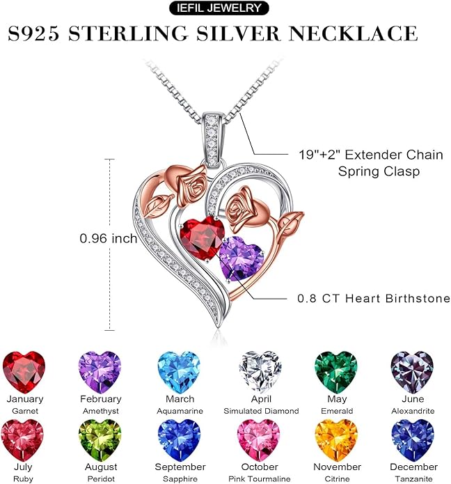 Iefil Birthstone Necklace for Women - 925 Sterling Silver Rose Heart Necklace, Birthstone Jewelry, Anniversary Birthday Gifts for Wife Girlfriend Mom Daughter