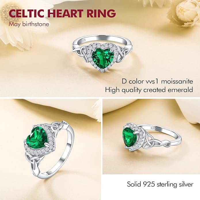 DAYBYDAY Celtic Birthstone Rings for Women 925 Sterling Silver Heart/Round/Pear/Oval Created Gemstone Moissanite Halo Engagement Promise Rings for Her Wife Birthday Anniversary Wedding Jewelry