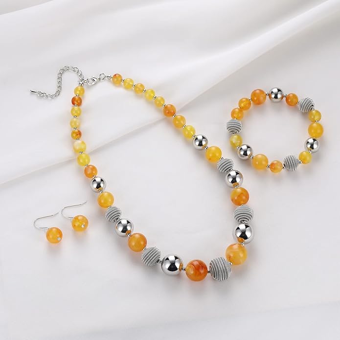 PEARL&CLUB Beaded Chunky Statement Necklace Earring and Bracelet Set Silver Metal Bead Fashion Jewelry Set Mothers’ Day Gifts for Women