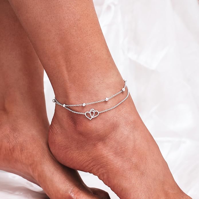 CHIC & ARTSY Womens Sterling Silver Created Opal Layered Anklet Bracelet Dainty Beaded Chain Adjustable 11" Best Friend Anklet