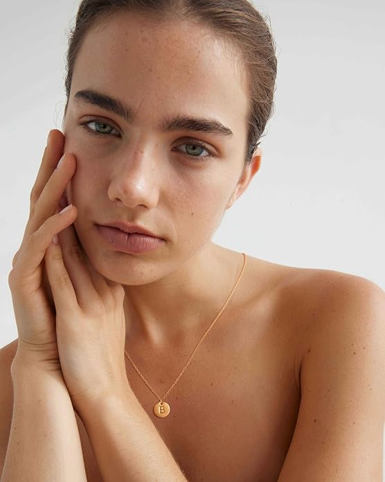 Bemoly Initial Necklace for Women Round 11MM Coin Disc Double Side Engraved Letter A-Z Hammered Pendant 14K Gold Plated Personalized Alphabet Birthday Jewelry 17.5"