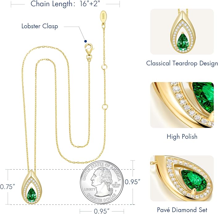 Kstyle 14K Gold Lab-Grown Moissanite/Emerald/Birthstone Pendant Necklaces for Women, Wife Girlfriend Daughter Mom Grandma Gifts, Dainty Birthday Jewelry for Her (925 Sterling Silver Base) Non Tarnish