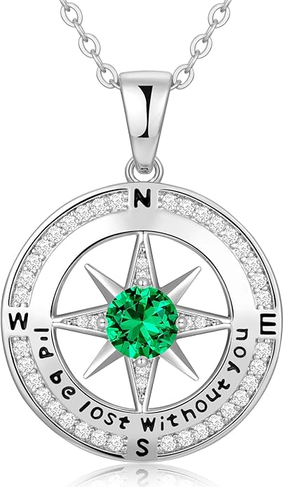 Compass Necklace Gifts for Women wife - S925 Sterling Silver Birthstone Necklaces for Women - Anniversary Birthday Gifts for Her Wife Girlfriend - Valentines Mom Mothers Day Christmas Gifts Jewelry for Women