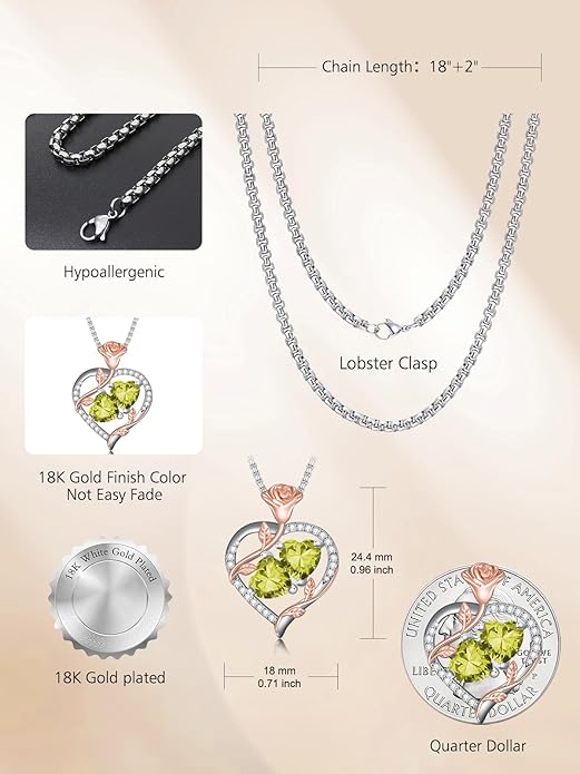 Jewelry for Her Double Heart Rose Birthstone Pendant Necklace Anniversary Jewelry Christmas Birthday Gifts for Women Wife Girlfriend