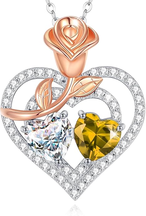 AGVANA Birthstone Necklace for Women Sterling Silver Rose Flower Heart Double Birthstone Jewelry Pendant Necklace Anniversary Birthday Gifts for Women Mom Wife Girlfriend Her