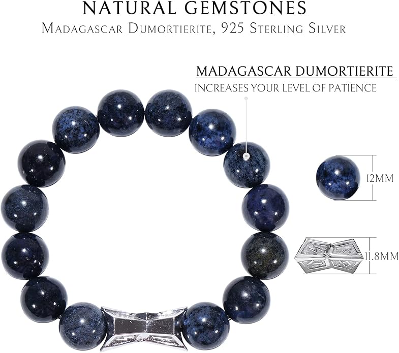 AWNL® Men's Beaded Bracelet with Sterling Silver Engraved Runes Charm 12mm Bronzite Dumortierite Obsidian Natural Gemstone Gift for Men, 6.1''-7.9''