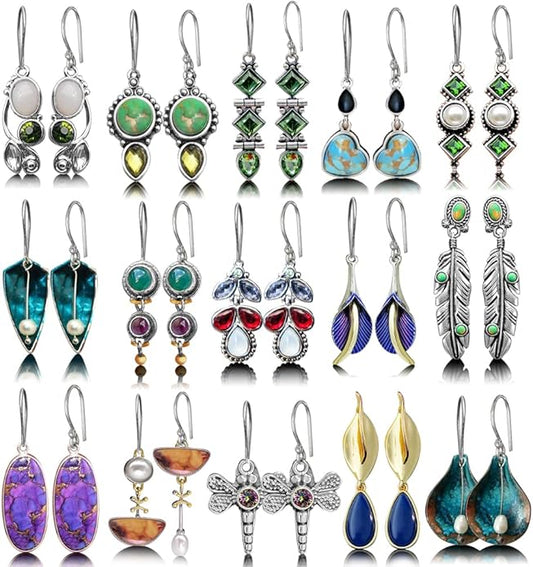 Hefanny 12 Pairs Teardrop Druse Crystal Drop Dangle Earrings for Women Cubic Zirconia Huggie Hoop Earring Jewelry Set Christmas Gifts