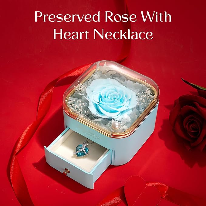 WILDLOVE Preserved Real Light Blue Rose with Heart Necklace, Forever Flowers Gifts for Mom Grandma Wife Girlfriend at Christmas, Valentines, Mothers Day, Anniversary or Birthday Gifts for Women