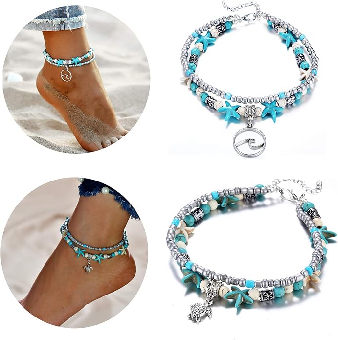 Starain Blue Turtle Anklets for Women Multilayer Beads Handmade Beach Ankle Bracelet Set Boho Foot Jewelry