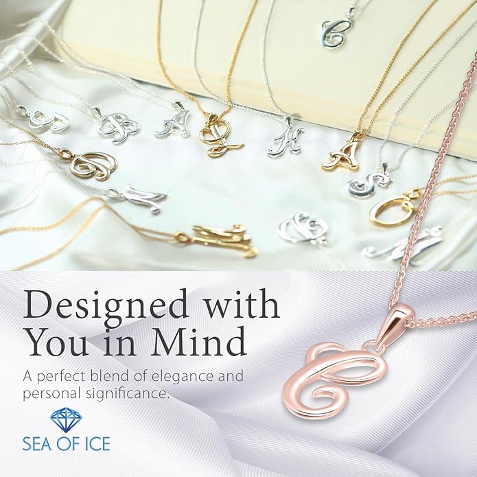 SEA OF ICE Letter Initial Necklace, Alphabet Letter Pendant Necklace, Sterling Silver, Gold, Rose Gold Necklace for Women, Elegant Initial Necklaces, Personalized Custom Women's Necklaces