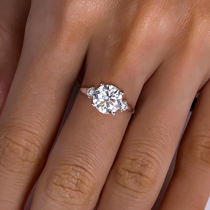 Solid 14K Gold 3.36ct Moissanite Three Stone Rings (3ct Center Stone), Round/Oval/Emerald Shape, Real Gold | D Color and Flawless Moissanite | Wedding Anniversary Ring