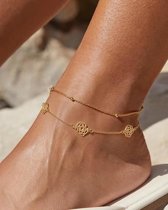 2/3 PCS Gold Anklets for Women Waterproof Boho Starfish, Seashell, Heart & Butterfly Charms Ankle Bracelets Non Tarnish Adjustable Layered Cuban Beaded Foot Chain Beach Jewelry for Summer Vacations