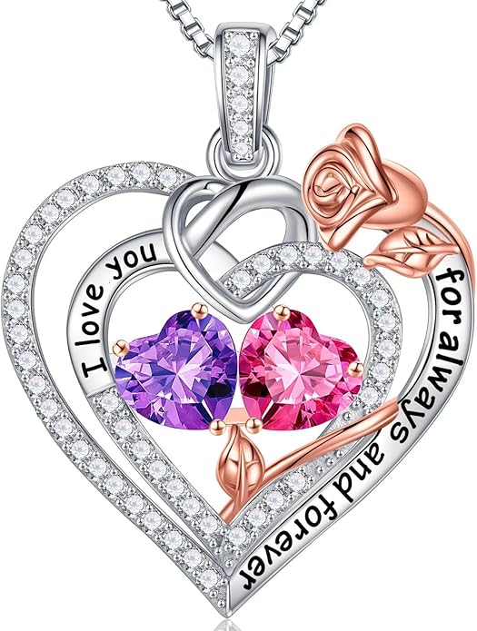 Iefil Rose Heart Necklace Gifts for Wife Women - 925 Sterling Silver Double Birthstone Necklace, Anniversary Birthday Gifts for Women, Jewelry Gift for Wife Girlfriend Mom Her