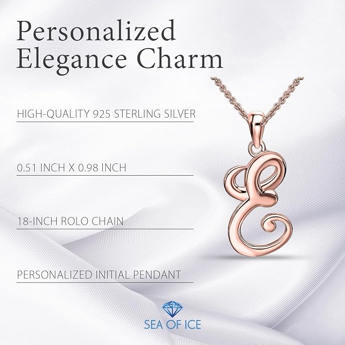 SEA OF ICE Letter Initial Necklace, Alphabet Letter Pendant Necklace, Sterling Silver, Gold, Rose Gold Necklace for Women, Elegant Initial Necklaces, Personalized Custom Women's Necklaces