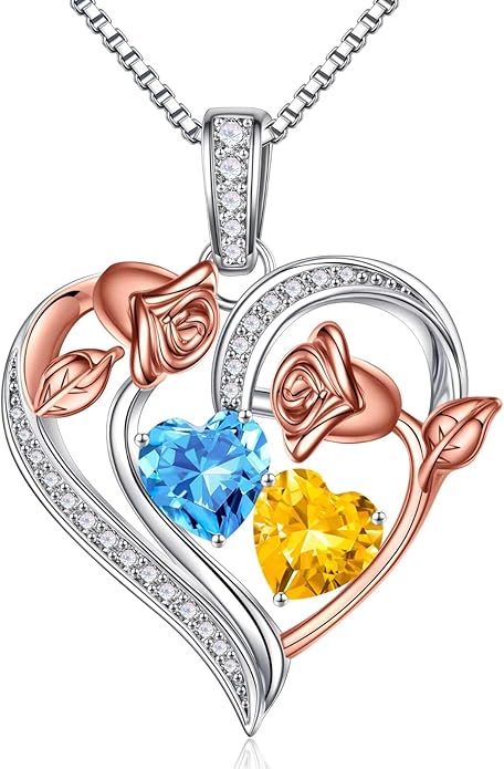 Iefil Birthstone Necklace for Women - 925 Sterling Silver Rose Heart Necklace, Birthstone Jewelry, Anniversary Birthday Gifts for Wife Girlfriend Mom Daughter