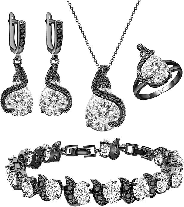 GZWHD Jewelry Set for Women Water Drop Cubic Zirconia Artificial Crystal Earrings Pendant Necklace Open Ring Tennis Bracelet Wedding Anniversary Birthday Engagement Gift for Bridesmaid Wife Girlfriend Friend