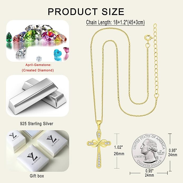 YL 925 Sterling Silver Cross Necklace for Women Halo Infinity Pendant Birthstone Jewelry for Mom